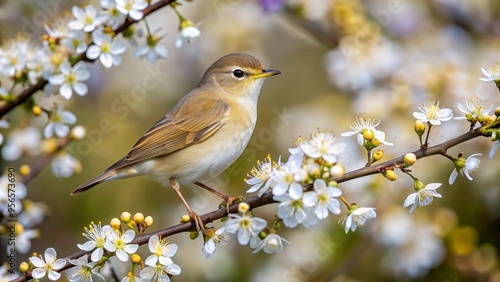Garden Warbler perched on blooming Blackthorn bush in spring , Bird, Garden Warbler, Sylvia borin, Blackthorn, Blooming