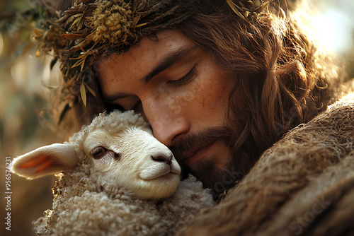 A serene depiction of Jesus Christ gently holding a lamb in his arms, symbolizing compassion, care, and spiritual guidance.
 photo