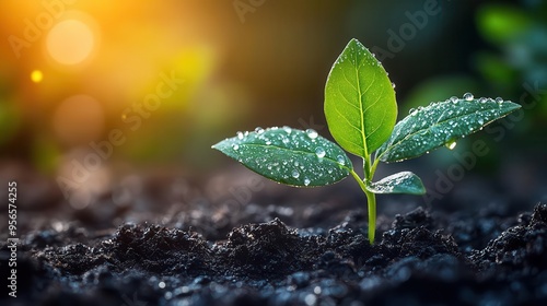 delicate seedling emerging from rich dark soil bathed in soft morning sunlight with water droplets glistening on its leaves symbolizing hope and new beginnings