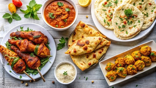 Flat lay of Indian dishes with chicken tandoori, spring rolls