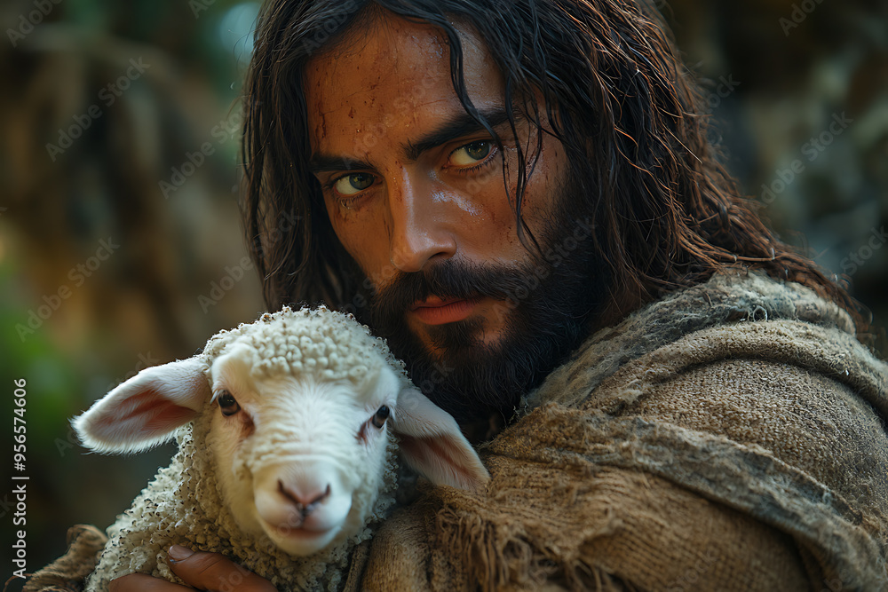 A serene depiction of Jesus Christ gently holding a lamb in his arms, symbolizing compassion, care, and spiritual guidance.
A serene depiction of Jesus Christ gently holding a lamb in his arms, symbolizing compassion, care, and spiritual guidance.
