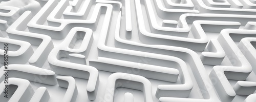 A 3D rendering of white maze signifies challenge, solution finding, and complexity in problem-solving photo