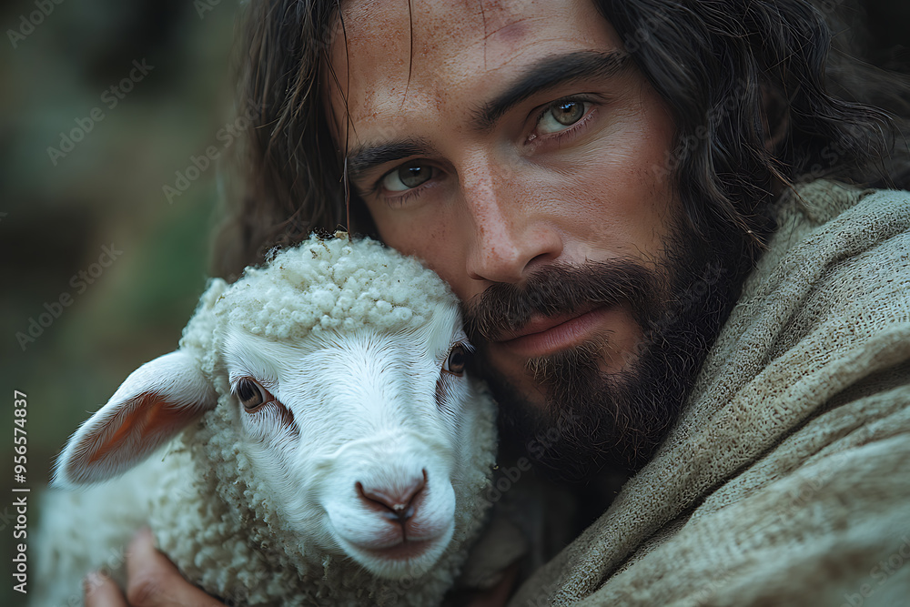 A serene depiction of Jesus Christ gently holding a lamb in his arms, symbolizing compassion, care, and spiritual guidance.
A serene depiction of Jesus Christ gently holding a lamb in his arms, symbolizing compassion, care, and spiritual guidance.