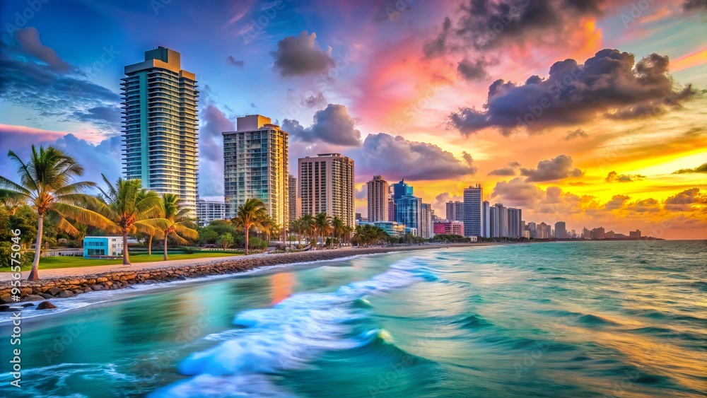 Fototapeta premium Vibrant pastel hues dance across the Miami coastline at dusk, where sleek skyscrapers meet turquoise waves and sun-kissed palm trees in a whimsical abstract scene.