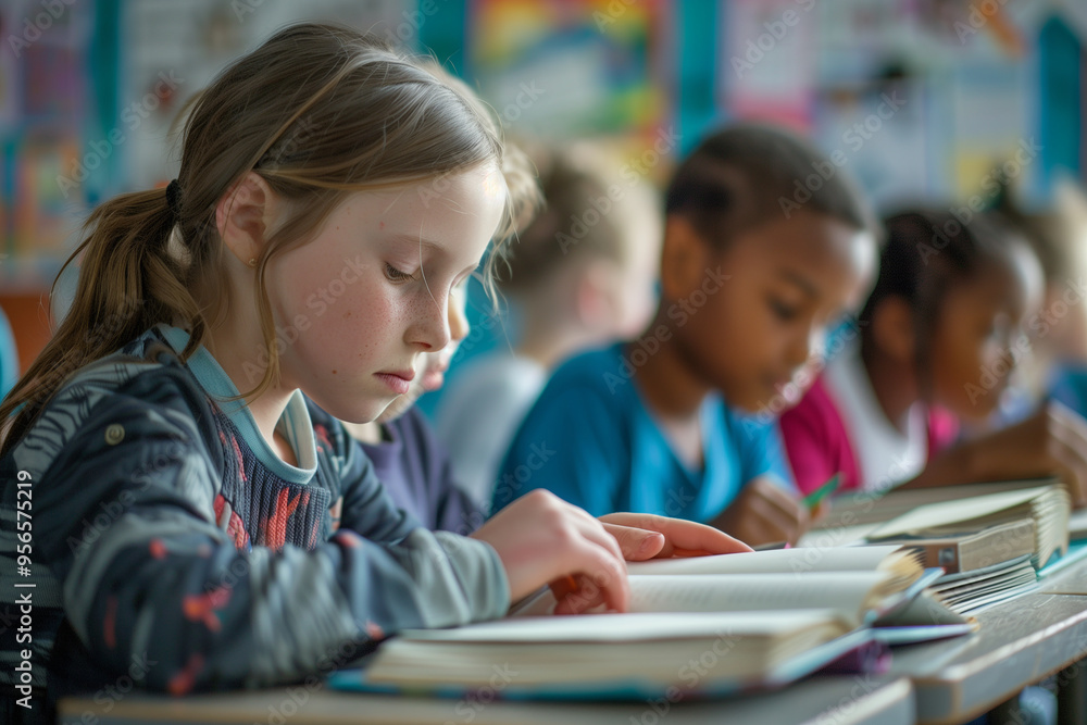 Students reading with concentration in a classroom with books. Generative AI Students reading with concentration in a classroom with books. Generative AI