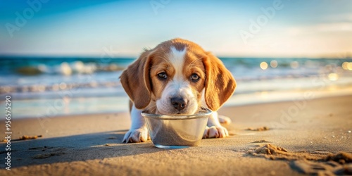 Cute puppy dog enjoying a refreshing drink on the beach in summer , puppy, dog, cute, beach, summer, drink, refreshing, relaxation