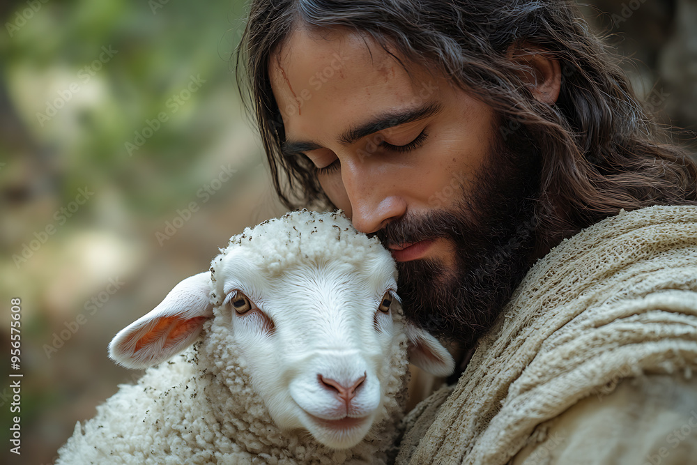 A serene depiction of Jesus Christ gently holding a lamb in his arms, symbolizing compassion, care, and spiritual guidance A serene depiction of Jesus Christ gently holding a lamb in his arms, symbolizing compassion, care, and spiritual guidance