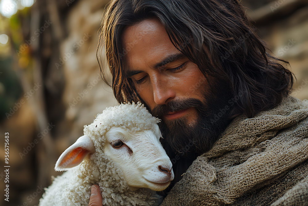 A serene depiction of Jesus Christ gently holding a lamb in his arms, symbolizing compassion, care, and spiritual guidance A serene depiction of Jesus Christ gently holding a lamb in his arms, symbolizing compassion, care, and spiritual guidance