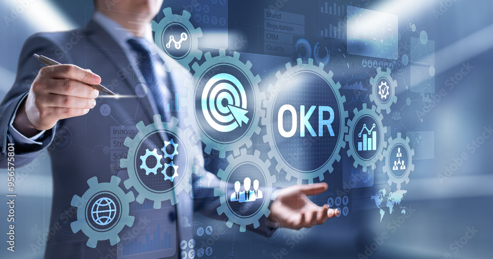 Objective Key Results Business technology process improvement concept on virtual screen. Objective Key Results Business technology process improvement concept on virtual screen.