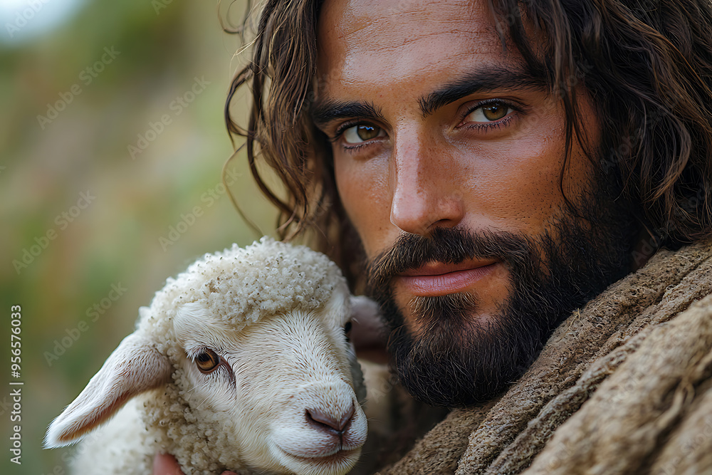 A serene depiction of Jesus Christ gently holding a lamb in his arms, symbolizing compassion, care, and spiritual guidance A serene depiction of Jesus Christ gently holding a lamb in his arms, symbolizing compassion, care, and spiritual guidance