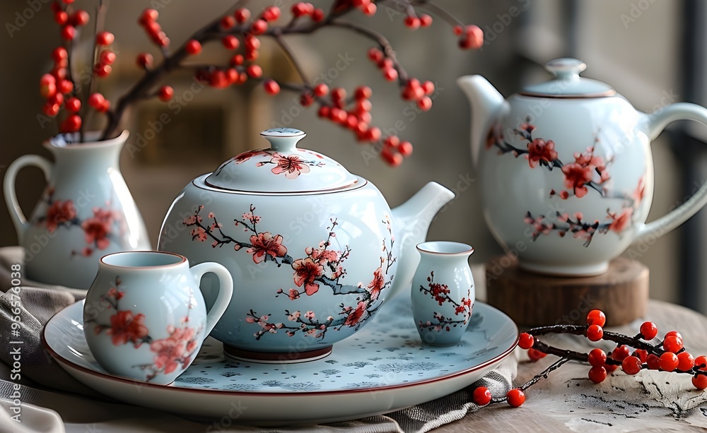 a tea set on a wooden table. The set includes a teapot, a sugar bowl, and a creamer. a tea set on a wooden table. The set includes a teapot, a sugar bowl, and a creamer.
