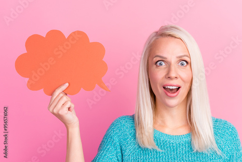 Photo of nice positive good mood optimistic woman with straight hairdo hold mind cloud isolated pink color background