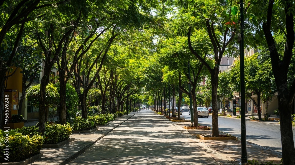 A street view of an urban area with lush green trees lining the sidewalks A street view of an urban area with lush green trees lining the sidewalks