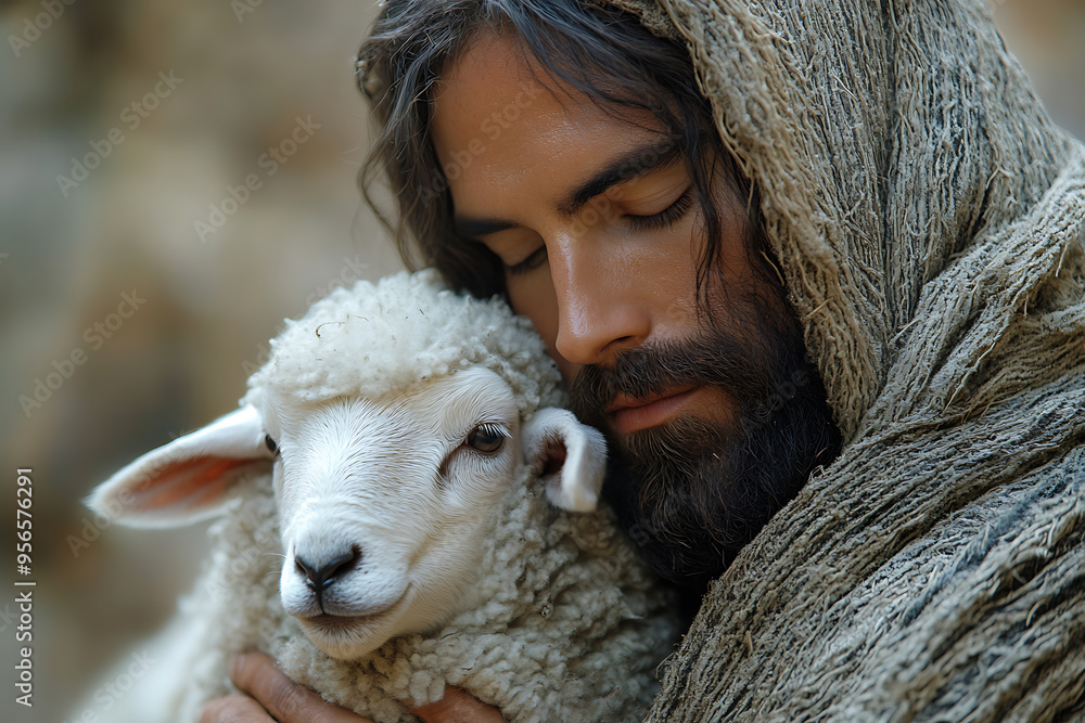 A serene depiction of Jesus Christ gently holding a lamb in his arms, symbolizing compassion, care, and spiritual guidance A serene depiction of Jesus Christ gently holding a lamb in his arms, symbolizing compassion, care, and spiritual guidance