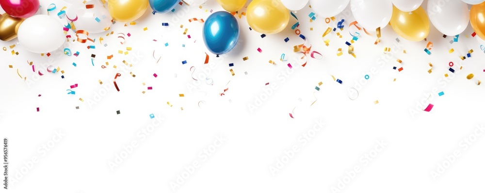 Festive balloons with ribbons and scattered confetti over white, representing celebration or party