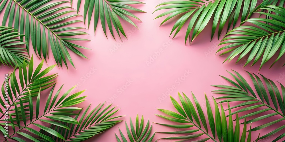 Tropical palm leaves on pink background with copy space for summer sale and promotional image Tropical palm leaves on pink background with copy space for summer sale and promotional image
