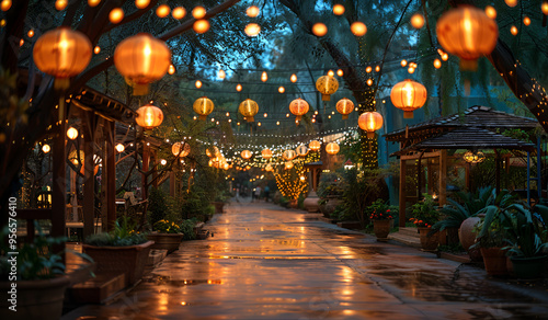  a pathway in a garden at night. The pathway is lined with trees and potted plants on both sides, creating a peaceful and serene atmosphere. 