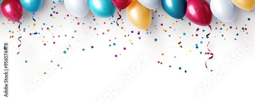 Festive balloons with ribbons and scattered confetti over white, representing celebration or party