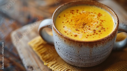Vibrant golden milk turmeric latte in mug, with frothy top and sprinkled with turmeric, set on a cozy wooden table. 