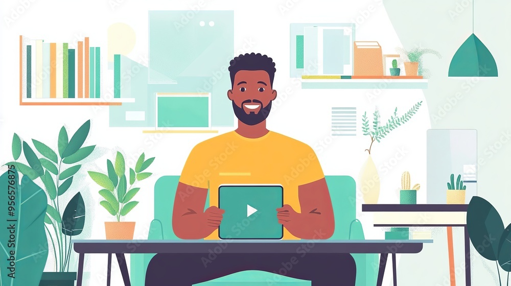 A man giving a presentation via video call using his smartphone, depicted in a flat style. This illustration represents the concept of online webinars and virtual presentations, highlighting the conve A man giving a presentation via video call using his smartphone, depicted in a flat style. This illustration represents the concept of online webinars and virtual presentations, highlighting the conve