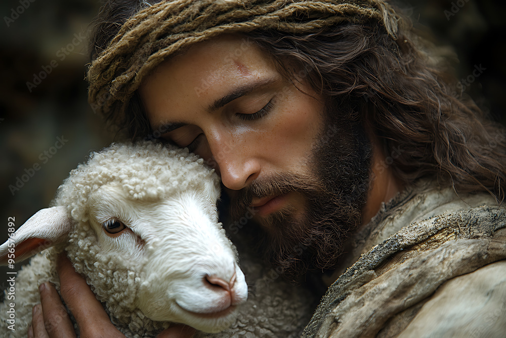 A serene depiction of Jesus Christ gently holding a lamb in his arms, symbolizing compassion, care, and spiritual guidance A serene depiction of Jesus Christ gently holding a lamb in his arms, symbolizing compassion, care, and spiritual guidance