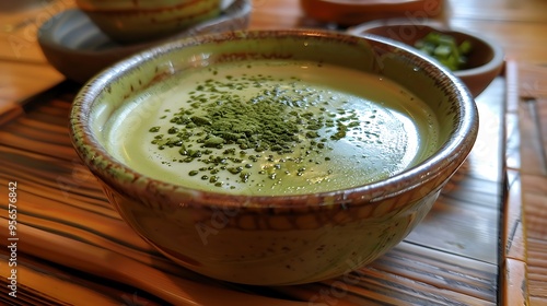 Vibrant green matcha latte art in bowl, with intricate designs, served on a traditional Japanese wooden tray. 