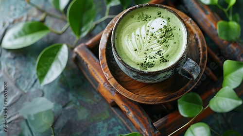 Vibrant green matcha latte art in bowl, with intricate designs, served on a traditional Japanese wooden tray. 