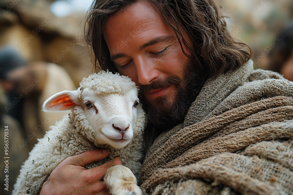 A serene depiction of Jesus Christ gently holding a lamb in his arms, symbolizing compassion, care, and spiritual guidance A serene depiction of Jesus Christ gently holding a lamb in his arms, symbolizing compassion, care, and spiritual guidance