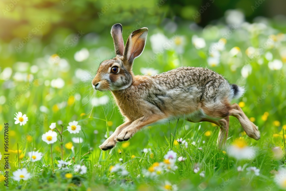 Obraz premium An elegant European hare running through a green meadow, flowers in full bloom around it.