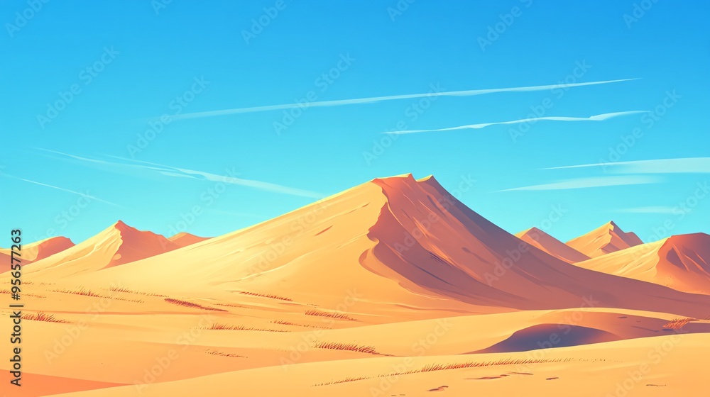 A panoramic view of a vast, golden desert landscape under a clear blue sky, with rolling sand dunes stretching out as far as the eye can see. A panoramic view of a vast, golden desert landscape under a clear blue sky, with rolling sand dunes stretching out as far as the eye can see.