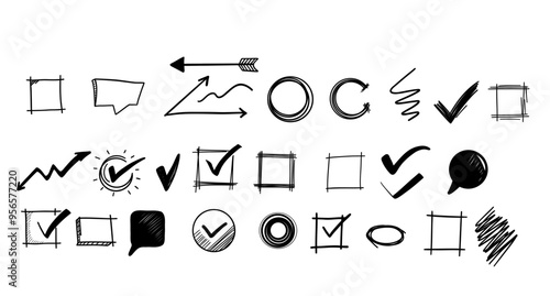 Collection hand drawn black icons, including checkmarks, arrows, circles, squares, and speech bubbles on a transparent background.
