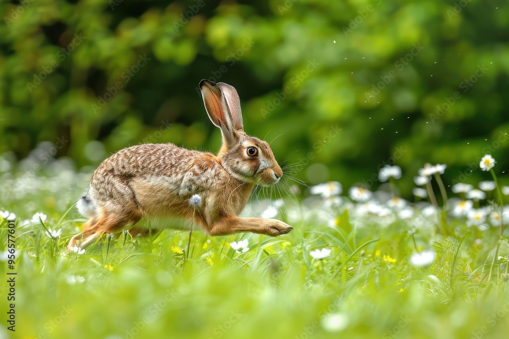 An elegant European hare running through a green meadow, flowers in full bloom around it. An elegant European hare running through a green meadow, flowers in full bloom around it.