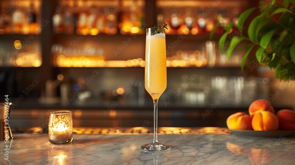 Classic Bellini with peach puree and prosecco, served in a flute on a ...