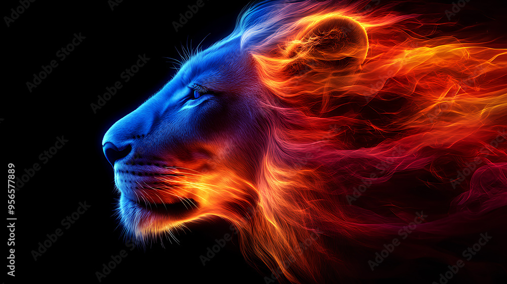 Lion, the head of a lion in a multi-colored flame. Abstract multicolored profile portrait of a lion head on a black background Lion, the head of a lion in a multi-colored flame. Abstract multicolored profile portrait of a lion head on a black background
