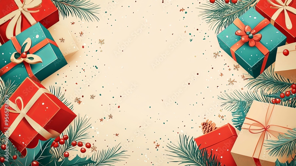 A Christmas illustration focusing on neatly wrapped gifts with ribbons, accompanied by pine branches and red berries, all set against a light snowy and festive background for holiday joy. A Christmas illustration focusing on neatly wrapped gifts with ribbons, accompanied by pine branches and red berries, all set against a light snowy and festive background for holiday joy.
