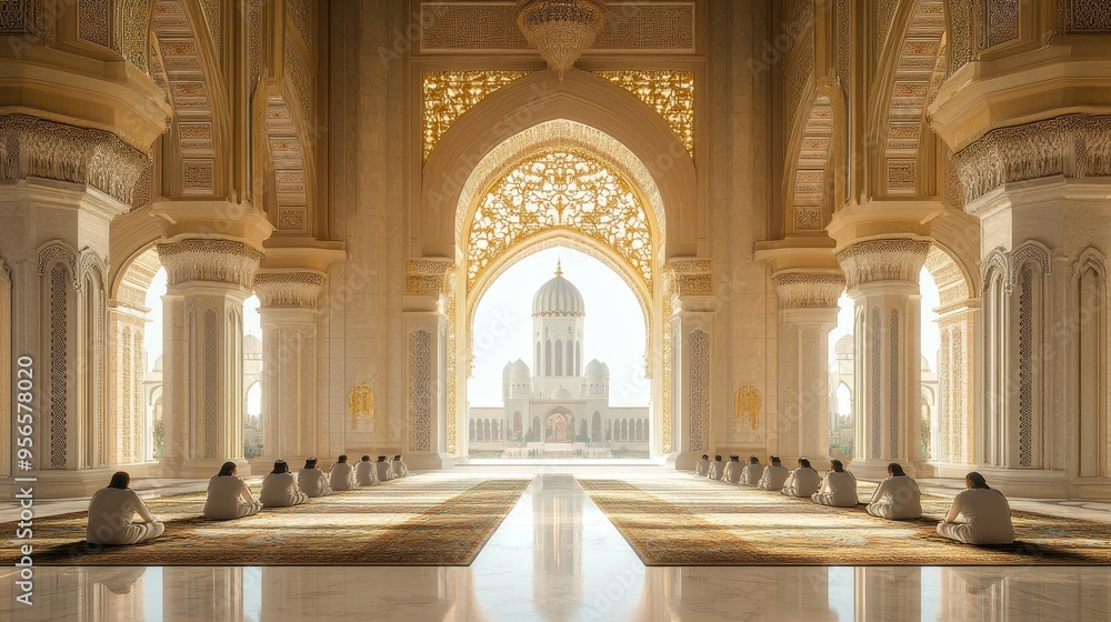 Obraz premium Grand Mosque Interior with Muslim Worshippers Praying During Ramadan