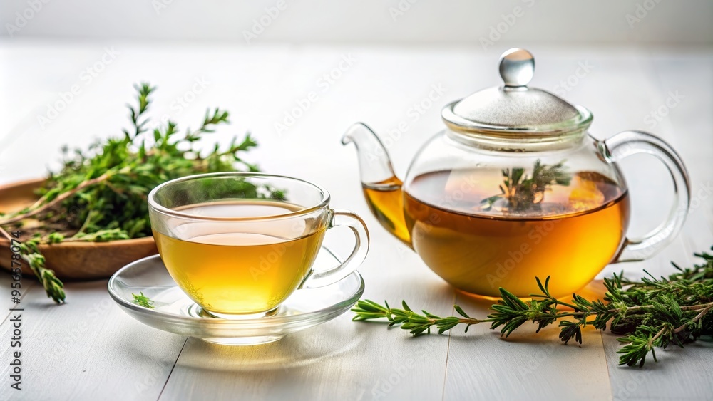 Teapot and cup of green tea with thyme on a white background, tea, green tea, teapot, cup, thyme, herbs, hot beverage Teapot and cup of green tea with thyme on a white background, tea, green tea, teapot, cup, thyme, herbs, hot beverage