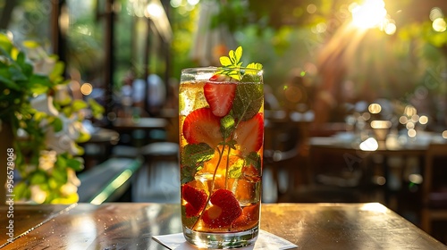 Classic British Pimm's Cup with fruit and herbs in a tall glass, set on a garden table during afternoon tea.  photo