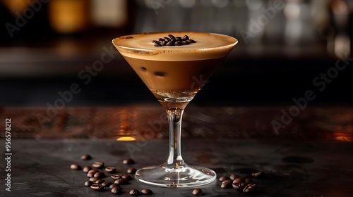 Classic Espresso Martini with coffee beans, served in a martini glass on a dark, polished bar surface. 