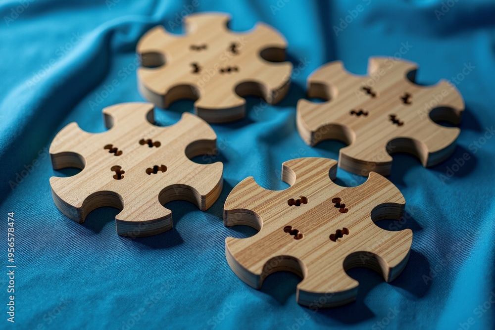 Fototapeta premium Four wooden puzzle pieces on a blue cloth