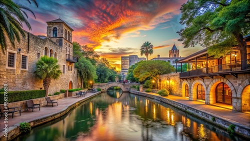 Vibrant sunset casts a warm glow on the iconic Alamo architecture and lively River Walk, surrounded by lush greenery in San Antonio, Texas.