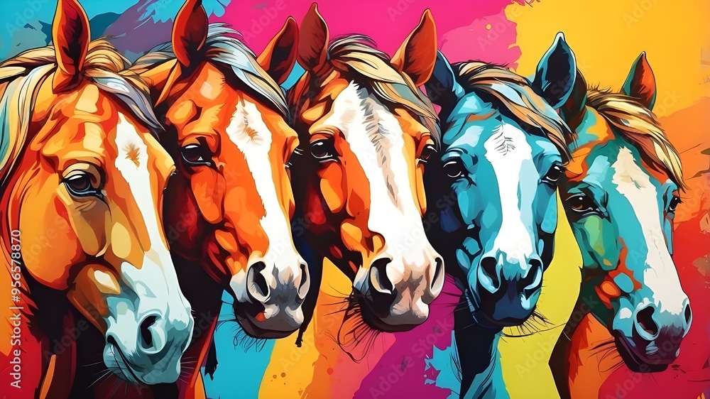 Obraz premium close up pop art portrait, a group of colorful horses, illustration with cat facial
