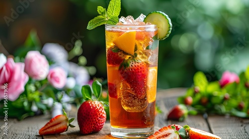 Classic Pimm's Cup cocktail with fruit garnish served in a tall glass, on a summer picnic table with flowers.  photo