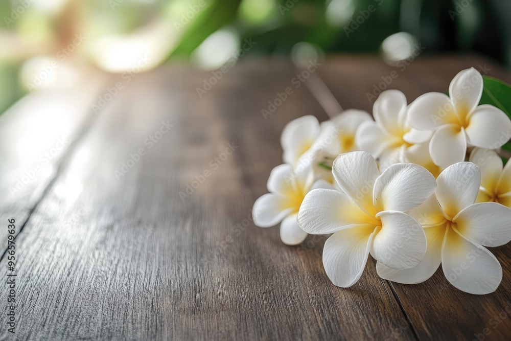 Wooden Table with White Frangipani Flowers Mockup Podium Wooden Table with White Frangipani Flowers Mockup Podium