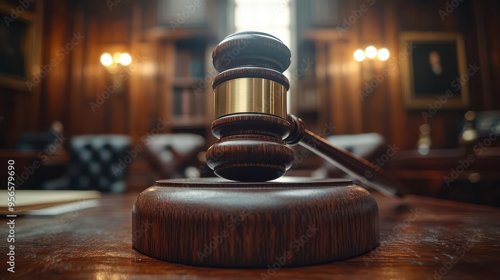dramatic closeup of a judges gavel resting on a polished wooden desk with law books and legal documents in soft focus symbolizing justice and the rule of law dramatic closeup of a judges gavel resting on a polished wooden desk with law books and legal documents in soft focus symbolizing justice and the rule of law