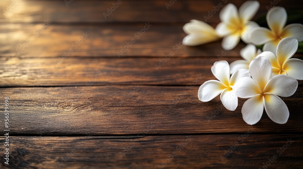 Wooden Table with White Frangipani Flowers Mockup Podium Wooden Table with White Frangipani Flowers Mockup Podium