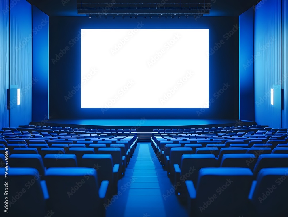 Empty of cinema in blue color with white blank screen. Mockup of cinema hall
Empty of cinema in blue color with white blank screen. Mockup of cinema hall