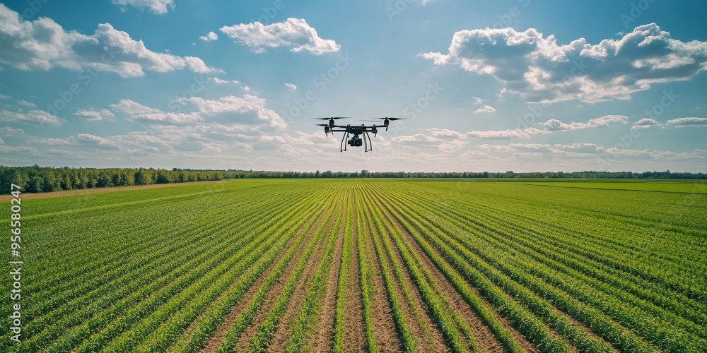 Large Agricultural Field with Drone Spraying Crops Large Agricultural Field with Drone Spraying Crops