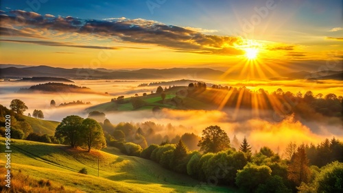 Vibrant warm rays of sunrise illuminate the serene landscape, casting a golden glow on the rolling hills and misty valleys, awakening a new day.