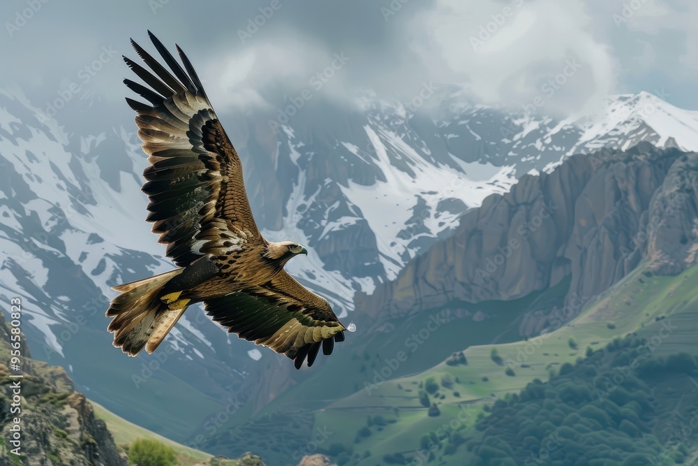 Fototapeta premium An image of a majestic golden eagle soaring high above the Pyrenees mountains